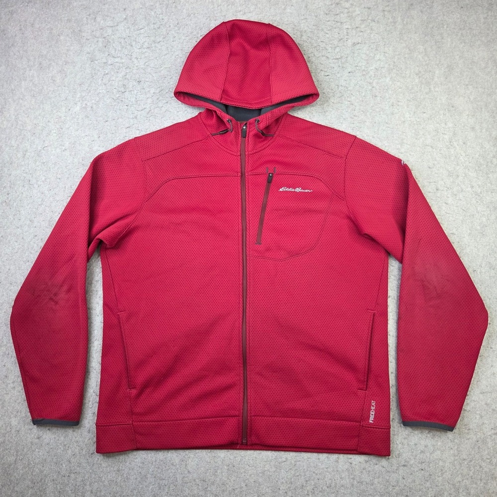 Eddie Bauer Free Heat Motion Jacket Mens L Red Full Zip Textured Hooded Hiking